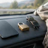 Мобільний телефон, замок, окуляри й шарф на панелі автомобіля