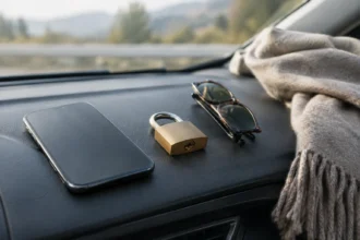 Мобільний телефон, замок, окуляри й шарф на панелі автомобіля