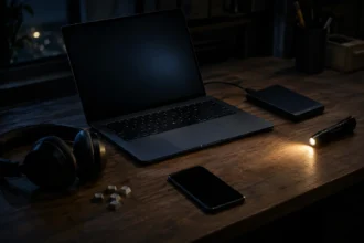 Ноутбук, навушники, телефон та ліхтар на дерев’яному столі вночі