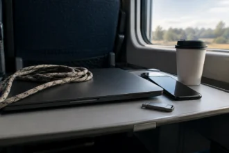 Ноутбук, телефон, флешка й стакан кави на столі в поїзді