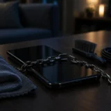 Смартфон у ланцюгах на столі поруч із серветкою і кабелем