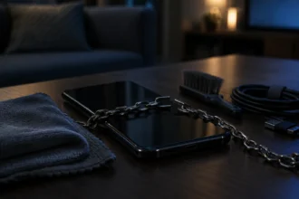 Смартфон у ланцюгах на столі поруч із серветкою і кабелем