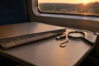 Ноутбук, флешка, лупа та рибальський гачок на столі в поїзді