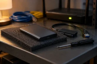 Зовнішній жорсткий диск на поролоновій підкладці поруч із кабелями і викруткою