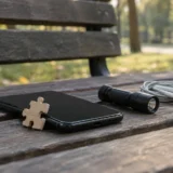 Дерев’яний пазл, смартфон, ліхтарик і навушники на лавці в парку