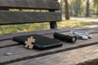 Дерев’яний пазл, смартфон, ліхтарик і навушники на лавці в парку