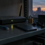Темний металевий стіл з роутером, смартфоном, навушниками та замком