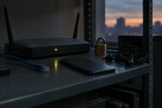 Темний металевий стіл з роутером, смартфоном, навушниками та замком