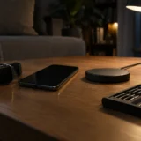 Настільна лампа, смартфон, розумний годинник і набір інструментів на столі