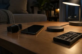 Настільна лампа, смартфон, розумний годинник і набір інструментів на столі
