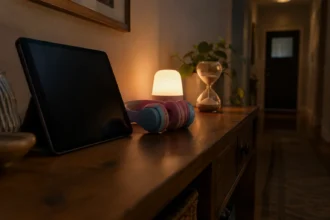Світла настільна лампа, планшет, годинник-пісковик і навушники на деревʼяному столі