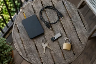 Круглий дерев’яний стіл з зовнішнім жорстким диском, кабелем, флешкою, ключами і замком