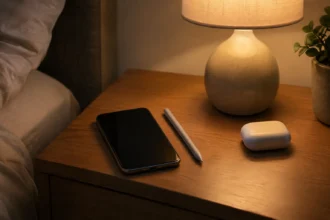 Нічний столик з лампою, смартфоном, стилусом і футляром навушників