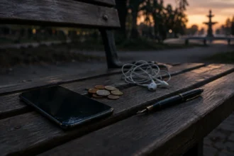 Темна дерев’яна лавка зі смартфоном, навушниками, монетами і ручкою на ній