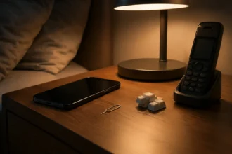 Нічний столик із лампою, мобільним телефоном і дротовим телефоном