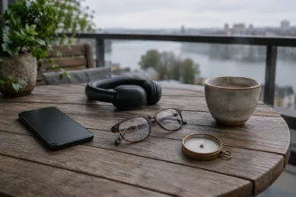 Дерев’яний стіл на балконі з чашкою, окулярами, навушниками та телефоном