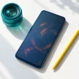 Смартфон із темним екраном, жовтий стилус і синьо-зелений об’єктив на світлому столі