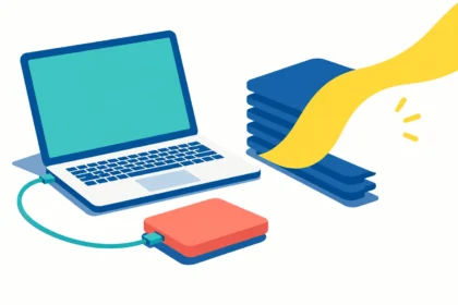 Ноутбук, зовнішній жорсткий диск і стопка файлів із жовтою стрічкою
