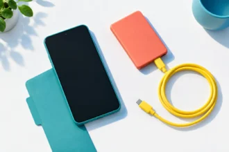 Туркуазовий смартфон з чохлом поруч із помаранчевим павербанком і жовтим кабелем
