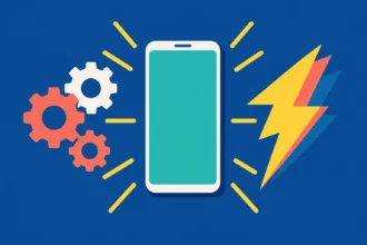 Смартфон посередині між шестернями ліворуч і блискавкою праворуч