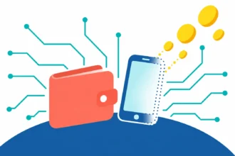 Ілюстрація цифрового гаманця і смартфона з летючими монетами та схемами