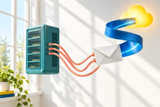 Сервер із кабелями, конвертом і блакитною стрічкою до хмарки
