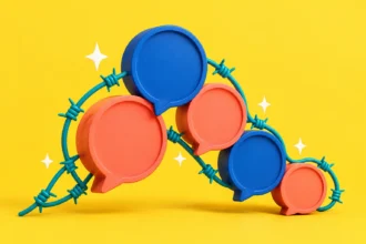 Кольорові бульбашки діалогу, переплетені синім колючим дротом на жовтому тлі