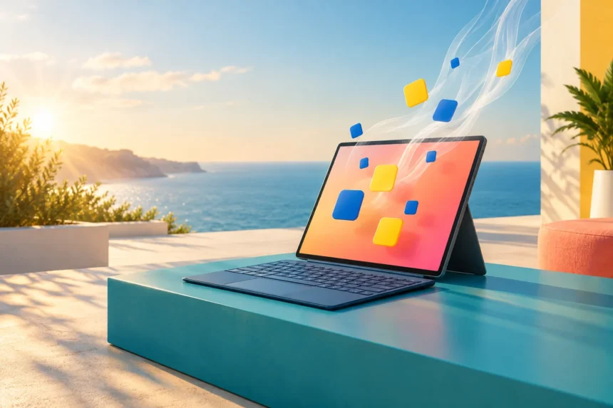 Планшет з клавіатурою на терасі біля моря під сонцем