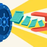 Синій сейф з документами, що стискає червоним струбцином