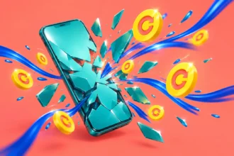 Розбите синьо-зелене скло смартфона з монетами й блакитними хвилями