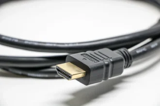 Чорний HDMI кабель з золотистими конекторами на білому фоні