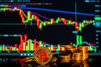 Золоті біткоїни на фоні графіків фінансового зростання