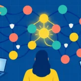 Людина дивиться на мережу кольорових вузлів і підключень навколо жовтої центральної точки
