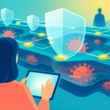 Жінка з планшетом дивиться на цифрову карту з щитами й вірусними іконками