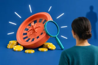 Жінка дивиться на величезне рулеткове колесо, лупу й фішки
