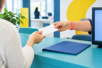 Клієнт передає конверт через яскраву стійку з реєстрації