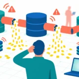 Чоловік розгублено дивиться на витік цифрових даних із порваних трубопроводів серверів