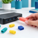 Рука вставляє помаранчеву флешку в чорний USB-хаб на білому столі