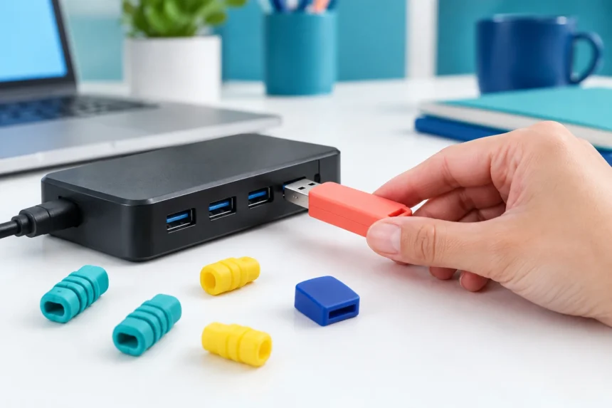 Чим небезпечні невідомі USB-флешки: захист від вірусів та крадіжки даних 11 Рука вставляє помаранчеву флешку в чорний USB-хаб на білому столі