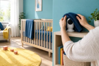 Руки накривають рушником білу камеру на полиці поруч із дитячим ліжечком