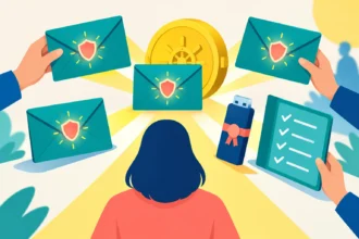 Жінка дивиться на конверти зі щитами, сейф, флешку і список