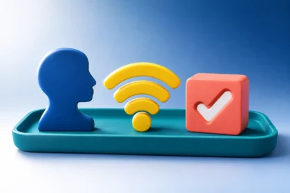 Синя силуетна голова, жовтий Wi‑Fi символ і червоний блок із галочкою на підносі