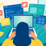 Жінка за ноутбуком в офісі з плаваючими вікнами і чашкою кави