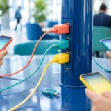 Руки з телефонами поруч стовпа з кількома кольоровими зарядними кабелями
