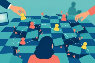 Людина дивиться на шахівницю з фігурами й тріщинами, руки керують фігурами