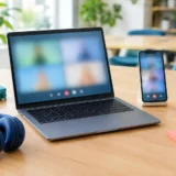 Ноутбук і смартфон для відеодзвінка на робочому столі з чашкою