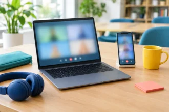 Ноутбук і смартфон для відеодзвінка на робочому столі з чашкою