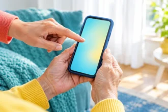 Руки літньої людини і друга рука показують на екран смартфона
