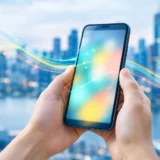 Руки тримають смартфон на тлі розмитого міського пейзажу із світловими лініями